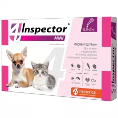 Инспектор мини Капли на холку для кошек и собак весом от 0,5 до 2 кг от блох, клещей и гельминтов, 1 пипетка